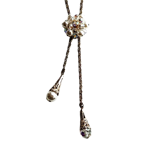 Vintage Lariat Necklace w/Faux Pearls and Crystal Beads - Picture 3 of 5